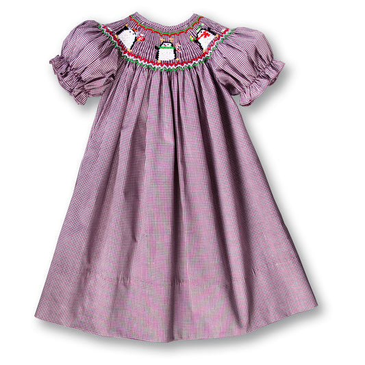 Holiday Penguins Berry Gingham Smocked Bishop FO 3765