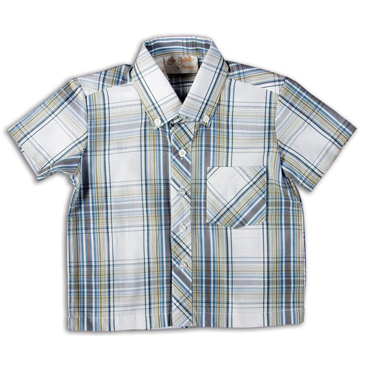 Dk. Blue Green White Plaid Short Sleeve Polo Shirt DAYR J-004
