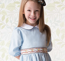 Medium Blue 3/4 Sleeve Brown Trim Smocked Baby Dress w/Peter Pan Collar 17F 6065 D