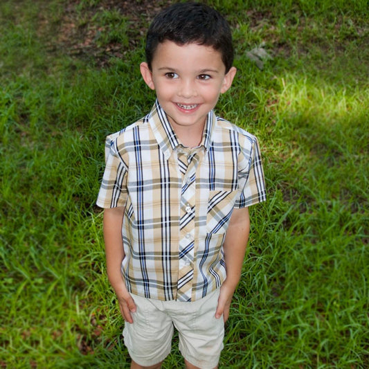 Blue Yellow Black Plaid Short Sleeve Polo Shirt DAYR J-002